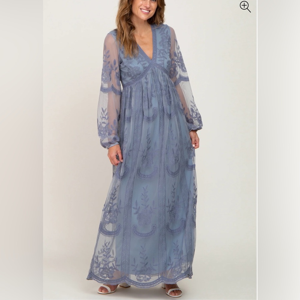 PinkBlush Blue Grey Lace Mesh Overlay Long Sleeve Maternity Maxi Dress